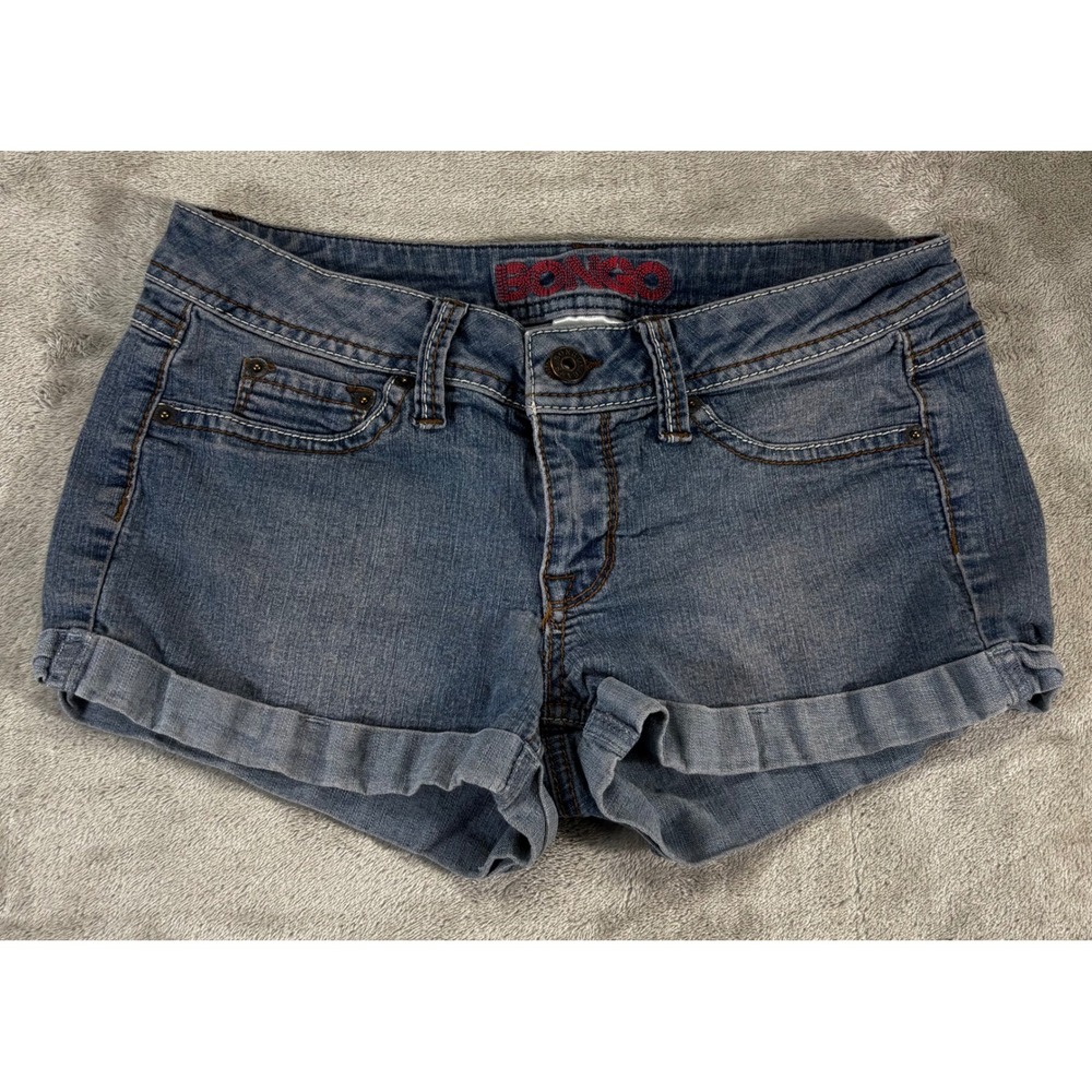 Bongo Shorts Womens 7 Medium Flap pockets Blue Low Rise Cuffed Embroidered Y2K